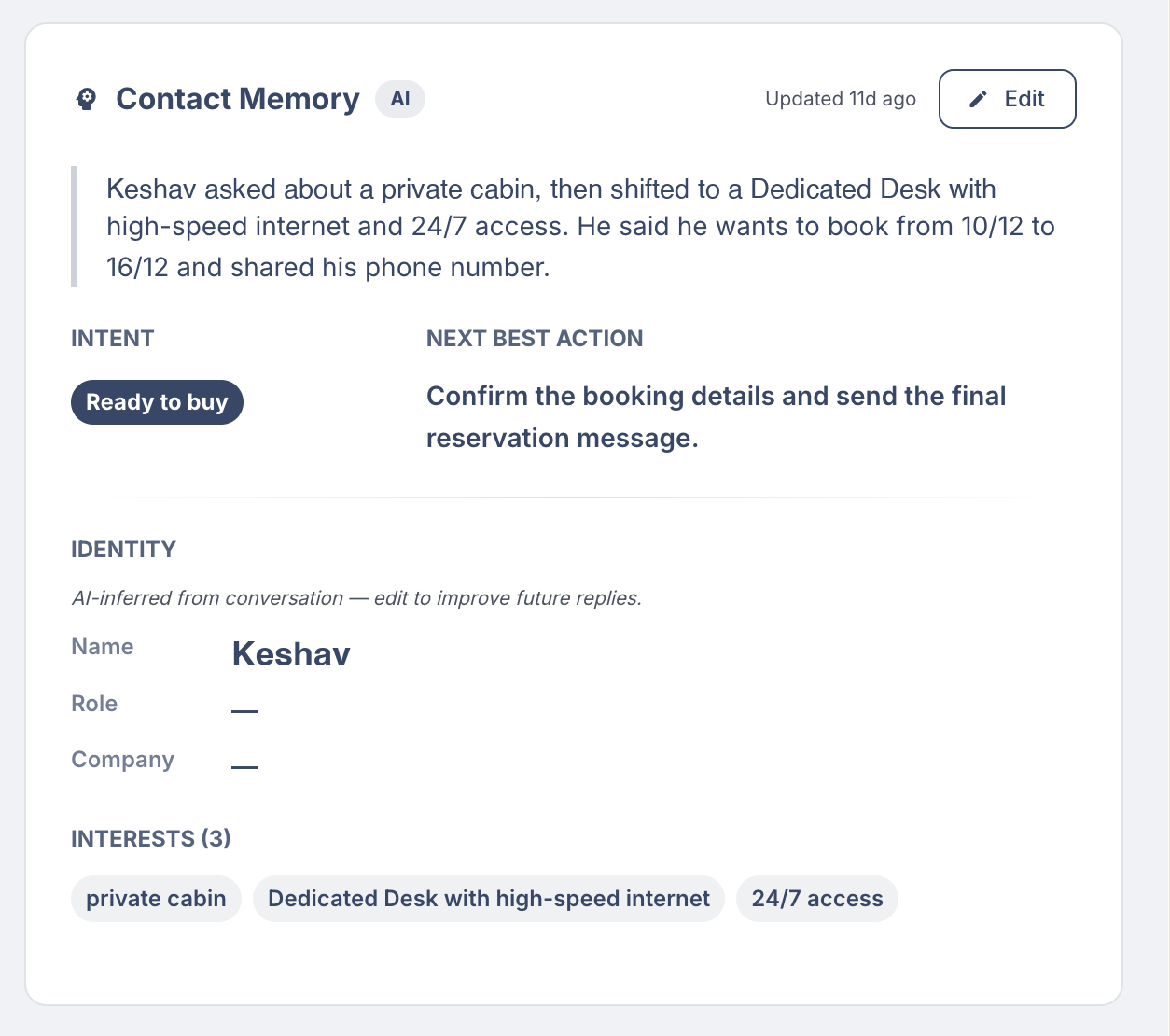 Fassix Leads CRM — contact memory with intent, identity and interests