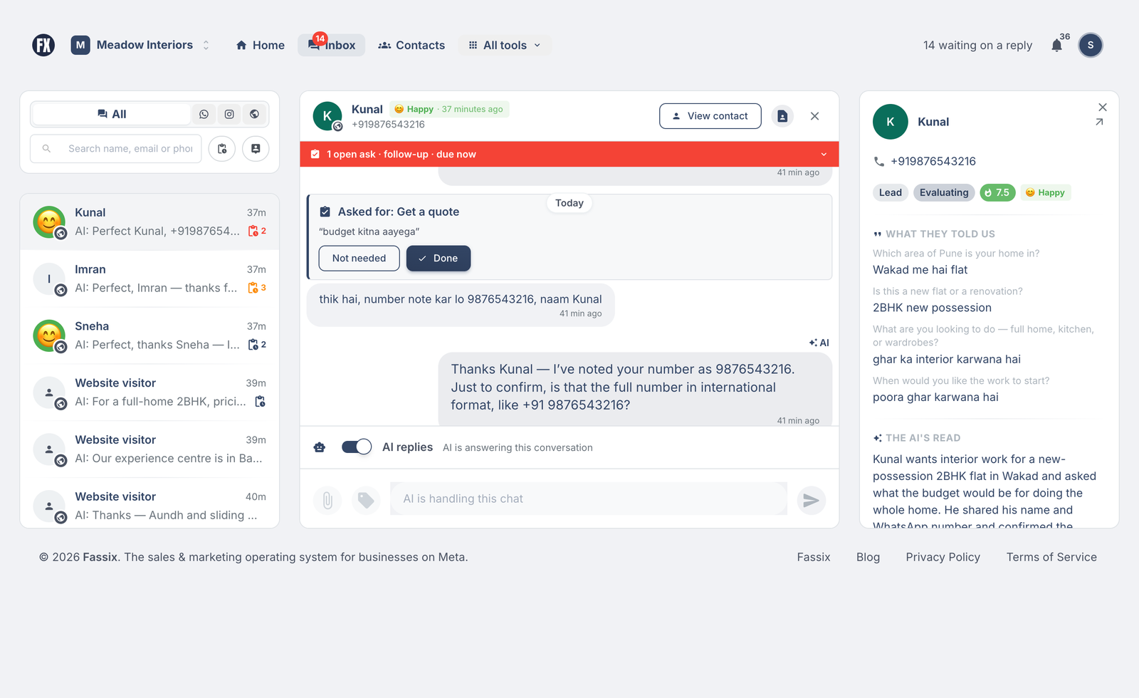 Fassix — the shared inbox: every WhatsApp and website conversation in one list, with the open thread, the lead's own answers and what the AI read from the chat