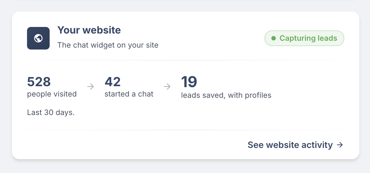 Fassix dashboard — the website chat widget capturing leads: visitors, chats started, leads saved